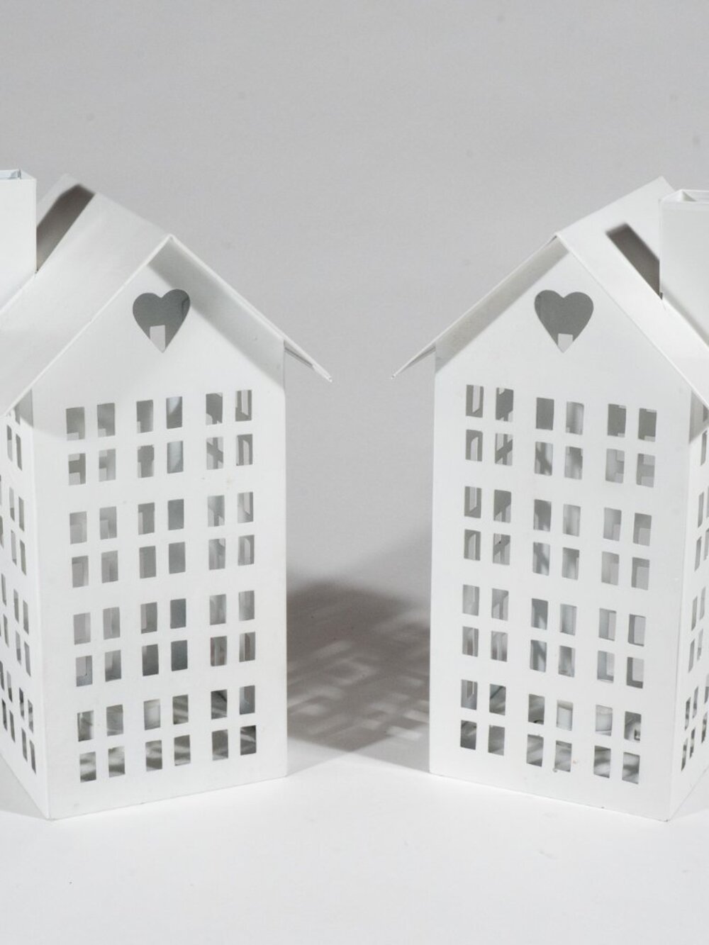 Set of 2 Decorative White Metal House Candle Holder Lanterns